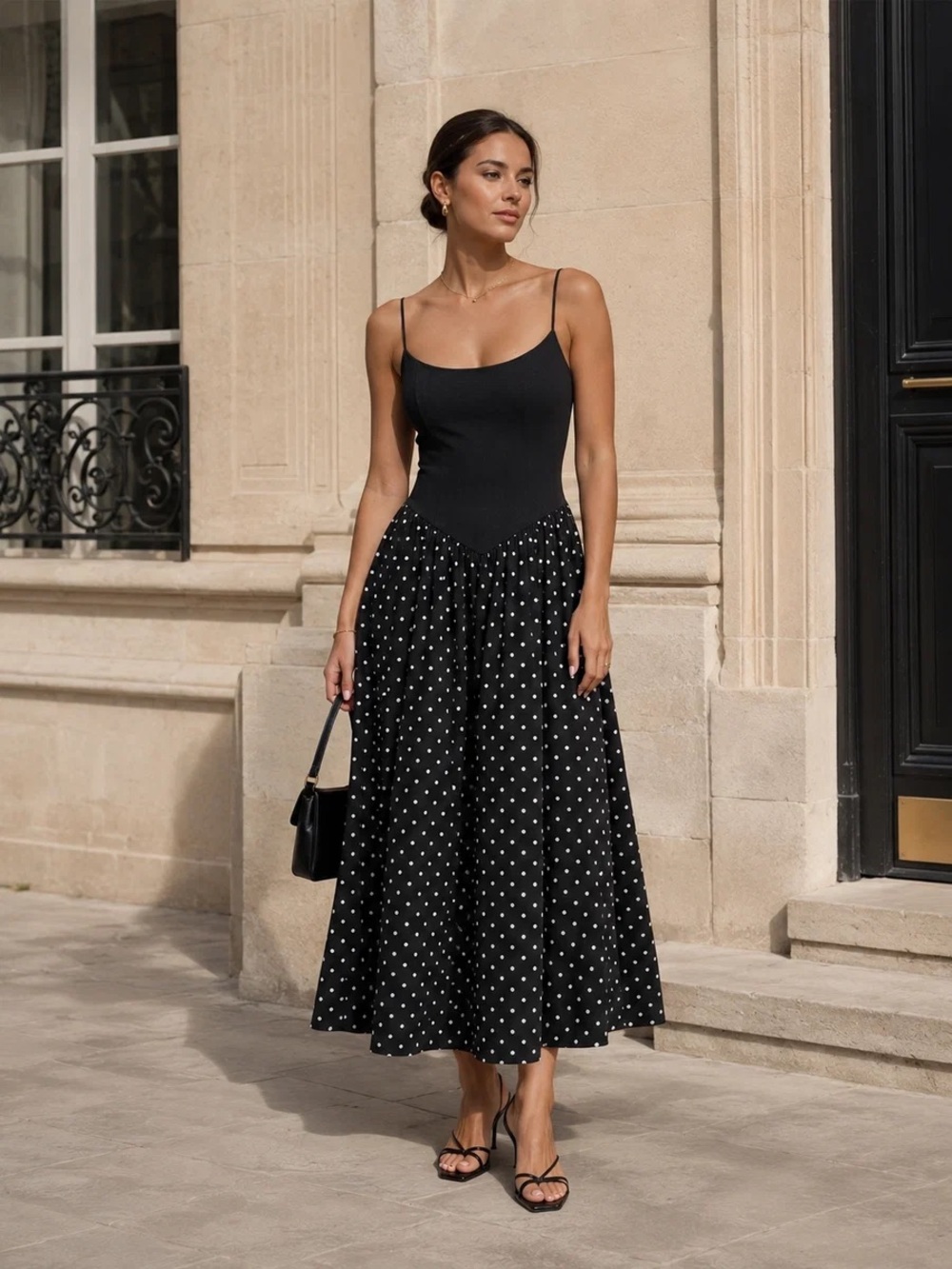 Commense Contrast Bodice Polka Dot Dress